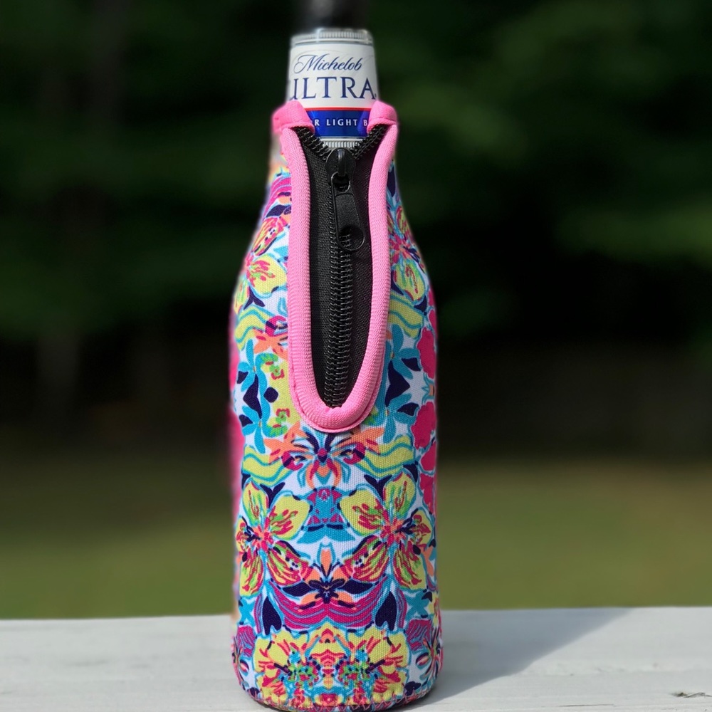 Get TWO ! Multicolored floral beer koozie, NWT